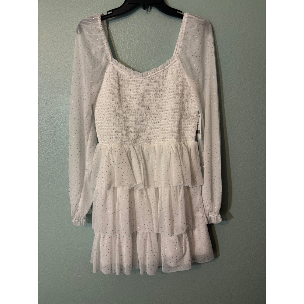 Midnight Doll Womens White Glitter Polka Dot Smocked Tiered Mini Dress Large NEW